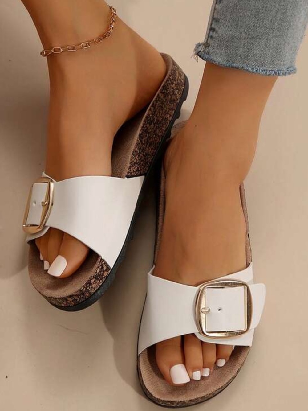 White  Buckle Slide Sandals for Women